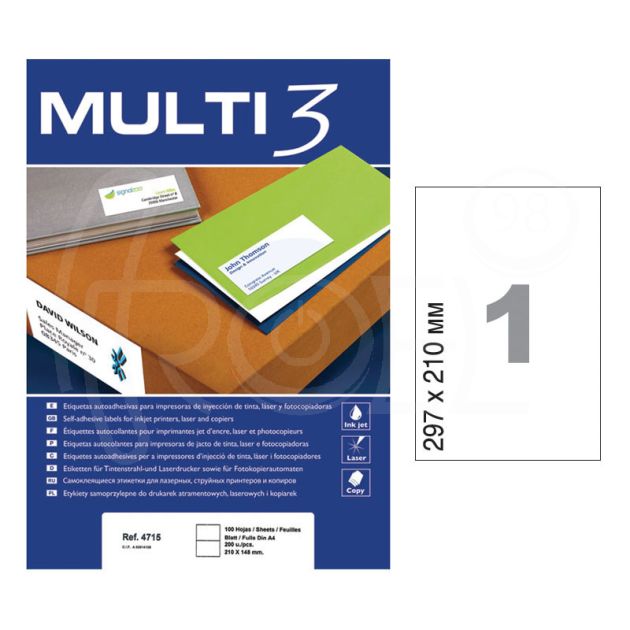 Етикети Multi 3, A4, бели, 210 х 297 мм, 1 бр./л., прави ъгли, 100 л./пак. main product photo