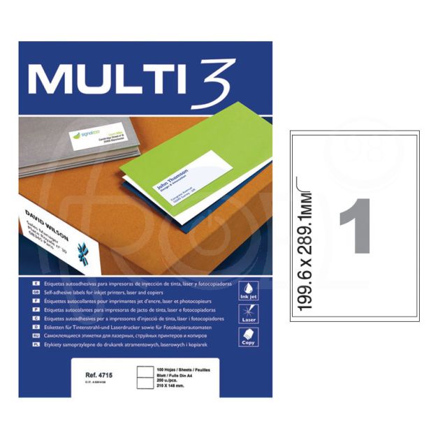 Етикети Multi 3, A4, бели, 199.6 х 289.1 мм, 1 бр./л., заоблени ъгли, 100 л./пак. main product photo