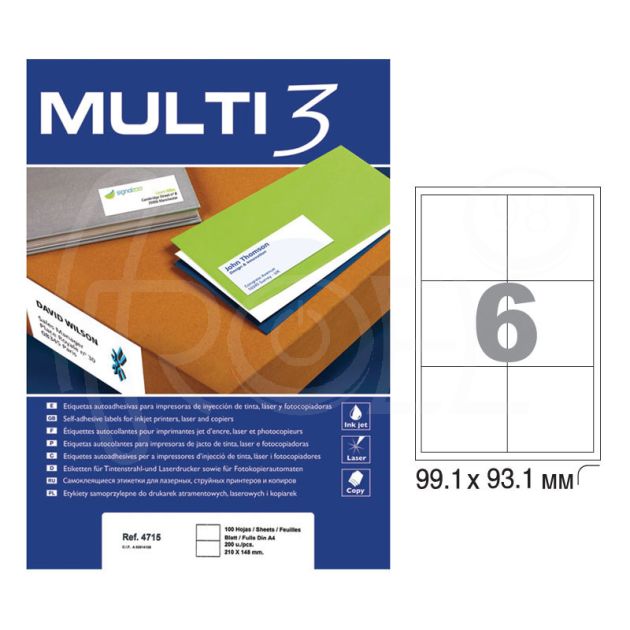 Етикети Multi 3, A4, бели, 99.1 х 93.1 мм, 6 бр./л., заоблени ъгли, 100 л./пак. main product photo