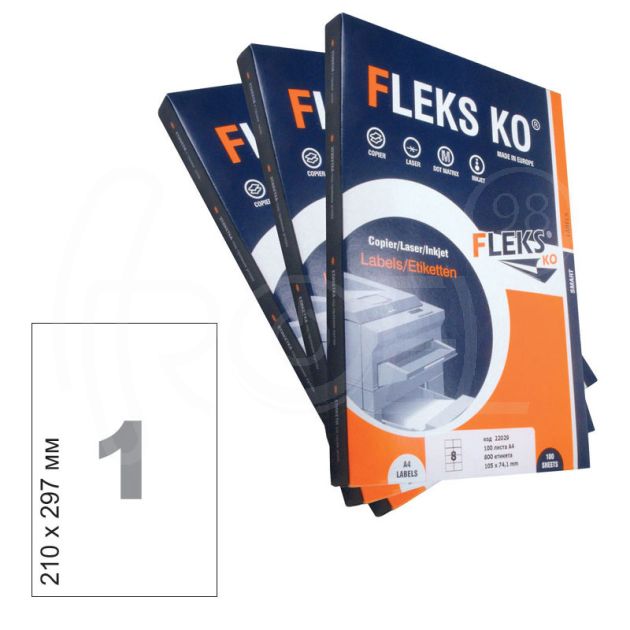Етикети Flex Ko, A4, бели, 210 х 297 мм, 1 бр./л., прави ъгли, 100 л./пак. main product photo
