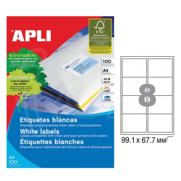 Етикети Apli, A4, бели, 99.1 х 67.7 мм, 8 бр./л., заоблени ъгли, 100 л./пак. main product photo