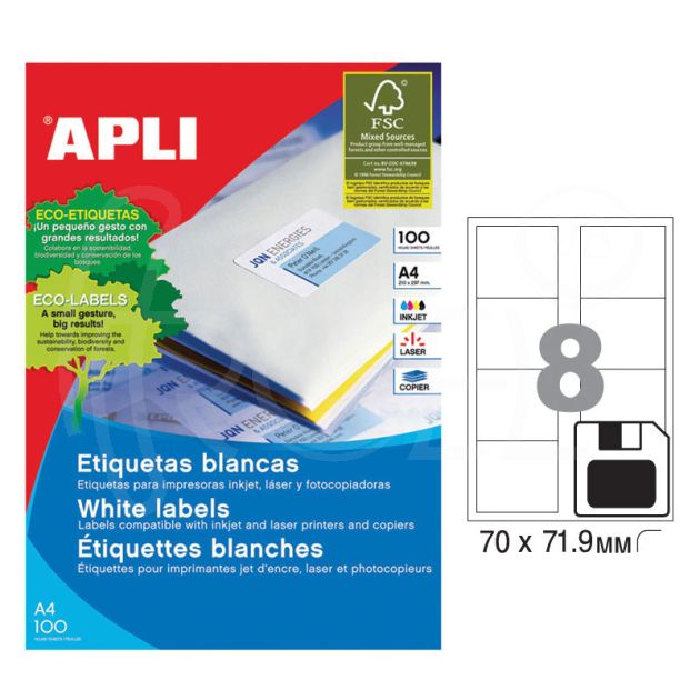 Етикети Apli, A4, бели, 70 х 71.9 мм, 8 бр./л., за дискети, 100 л./пак. main product photo