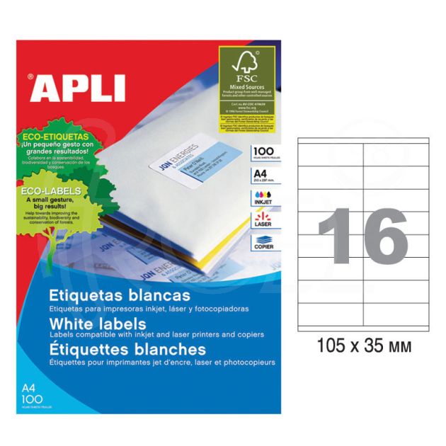 Етикети Apli, A4, бели, 105 х 35 мм, 16 бр./л., прави ъгли, 100 л./пак. main product photo