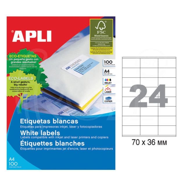 Етикети Apli, A4, бели, 70 х 36 мм, 24 бр./л., прави ъгли, 100 л./пак. main product photo