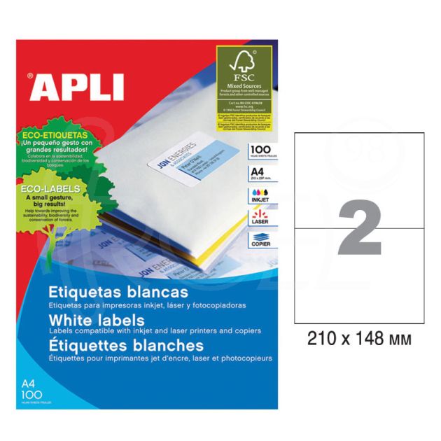 Етикети Apli, A4, бели, 210 х 148 мм, 2 бр./л., прави ъгли, 100 л./пак. main product photo