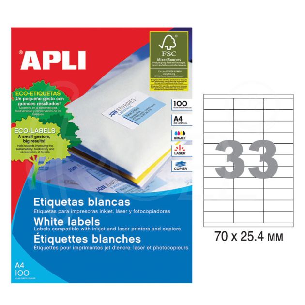 Етикети Apli, A4, бели, 70 х 25.4 мм, 33 бр./л., прави ъгли, 100 л./пак. main product photo