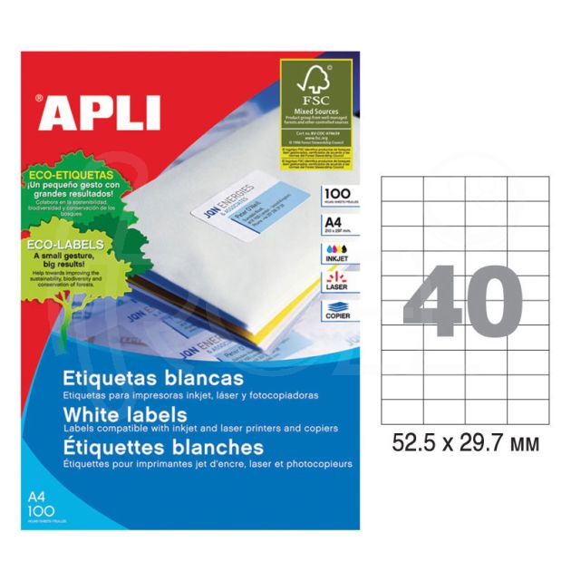Етикети Apli, A4, бели, 52.5 х 29.7 мм, 40 бр./л., прави ъгли, 100 л./пак. main product photo