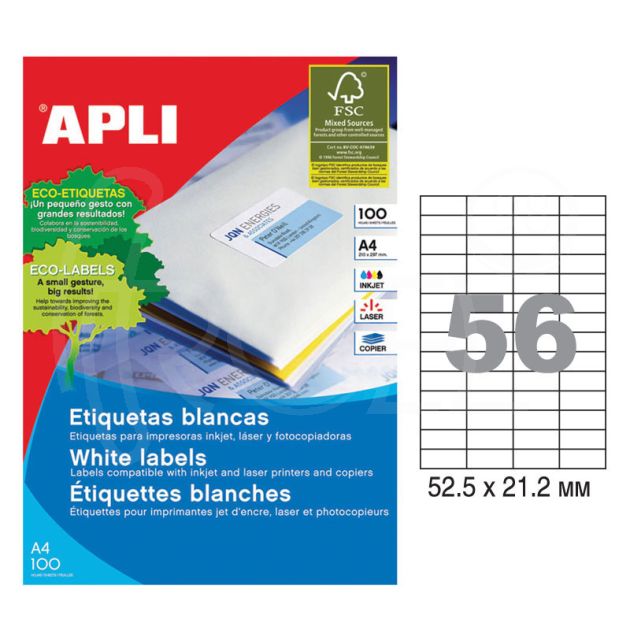 Етикети Apli, A4, бели, 52.5 х 21.2 мм, 56 бр./л., прави ъгли, 100 л./пак. main product photo