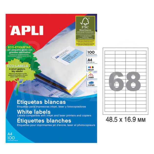 Етикети Apli, A4, бели, 48.5 х 16.9 мм, 68 бр./л., прави ъгли, 100 л./пак. main product photo