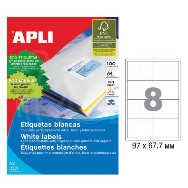 Етикети Apli, A4, бели, 97 х 67.7 мм, 8 бр./л., прави ъгли, 100 л./пак. main product photo