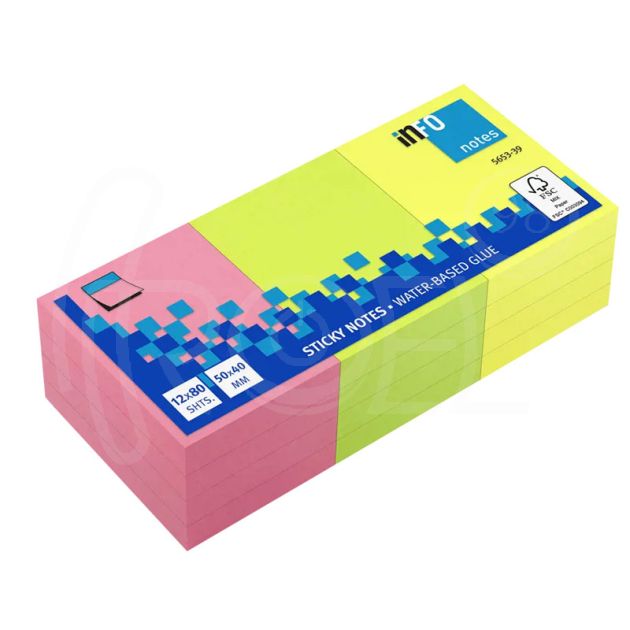 Самозалепващи листчета Info Notes, неон, 50 х 40 мм, цветни, опаковка от 12 броя main product photo