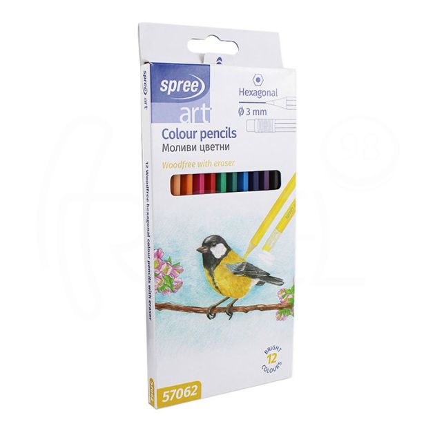 Цветни моливи Spree, 12 цвята woodfree, шестоъгълни с гумичка, Ф3 мм. графит main product photo