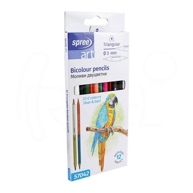 Цветни моливи Spree Bicolor 12 х 2 цвята двуцветни, триъгълни, Ф 3 мм. графит main product photo