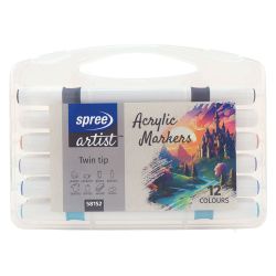 Маркери акрилни двувърхи Spree Soft Brush / Fine tip, 12 цвята в PP кутия