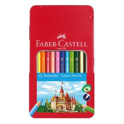 Цветни моливи Faber-Castell Замък, 12 цвята, в метална кутия